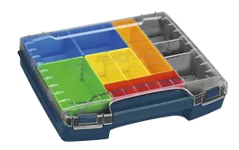 Product Image Dynamic of Bosch i-BOXX72-10 multi-compartment storage box with a clear lid and various colored dividers.