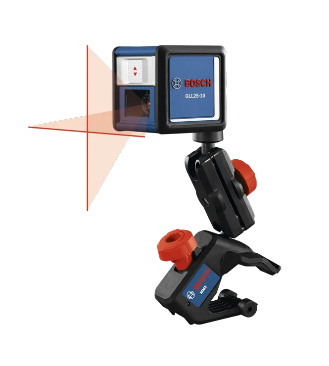 Product Image Dynamic of Bosch GLL25-10 Self-Leveling Cross-Line Laser and MM2 on a white background.