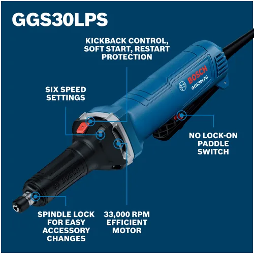 Walkaround Image of Bosch GGS30LPS 6 Amp Die Grinder With No Lock-On Paddle Switch.