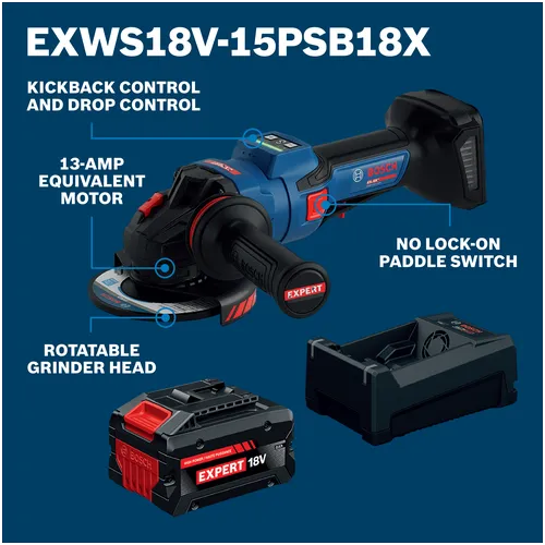 Walkaround Image of Bosch EXWS18V-15PSB18X 18V Brushless 6 In. Angle Grinder with No Lock-On Paddle Switch.