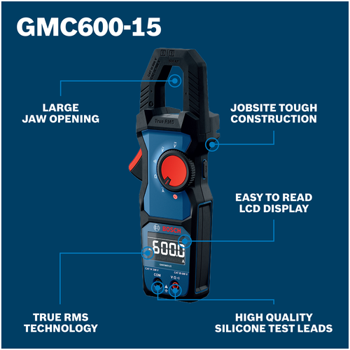 Walkaround Image of Bosch GMC600-15 True RMS 400A Clamp Meter on a blue background.
