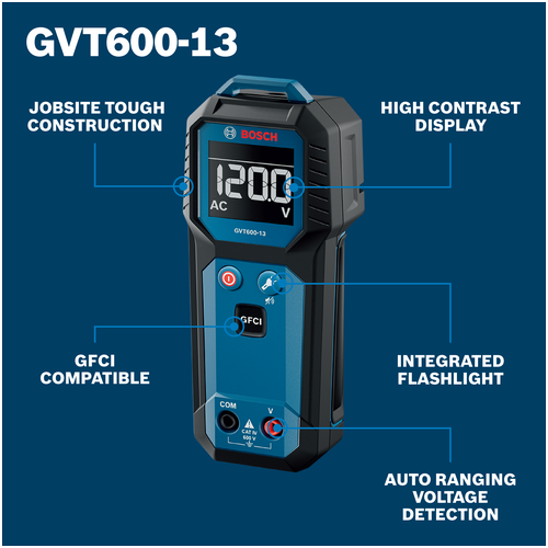 Walkaround Image of Bosch GVT600-13 Contact Voltage Tester on a blue background.