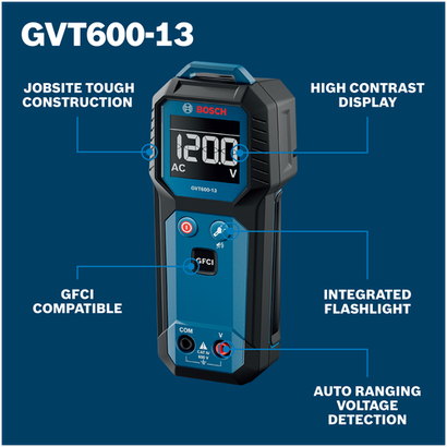 Walkaround Image of Bosch GVT600-13 Contact Voltage Tester on a blue background.