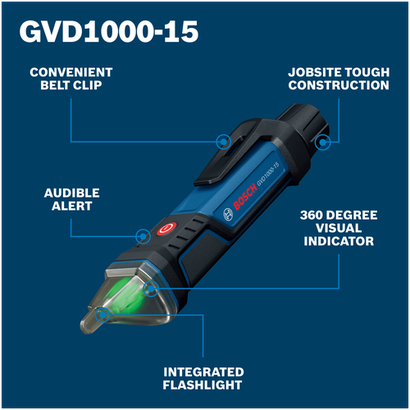 Walkaround Image of Bosch GVD1000-15 Non-Contact Voltage Tester on a blue background.