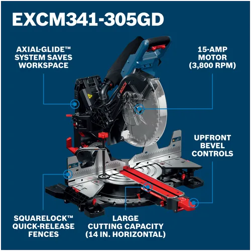 Walkaround Image of Bosch EXCM341-305GD 12 In. Dual-Bevel Glide Miter Saw on a blue background.