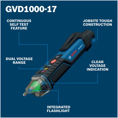 Walkaround Image of Bosch GVD1000-17 Non-Contact Voltage Tester on a blue background.