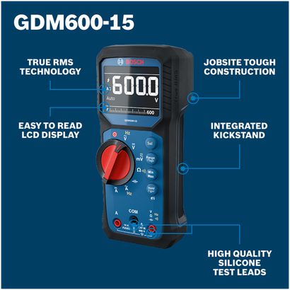 Bosch GDM600-15 digital multimeter with large LCD, red rotary dial, True RMS, rugged case, kickstand, and silicone test leads.