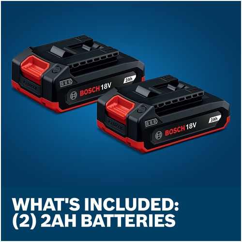 What is Included Image of Bosch GBA18V-20-2PK 18V PRO Lithium-Ion 2 Ah Batteries on a blue background.