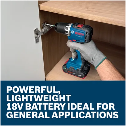 Features/Claims image of Bosch GBA18V-20-2PK 18V PRO Lithium-Ion 2 Ah Batteries with application.