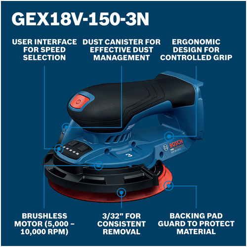 Walkaround Image of Bosch GEX18V-150-3N 18V 6” Random Orbit Sander (3/32”) on a blue background.