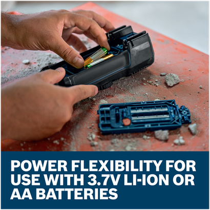 Hands inserting batteries into Bosch GDM600-15 True RMS multimeter; supports 3.7V Li‑Ion or AA batteries.
