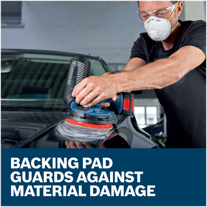 Features/Claims image of Bosch GEX18V-150-3N 18V 6” Random Orbit Sander (3/32”) with application.