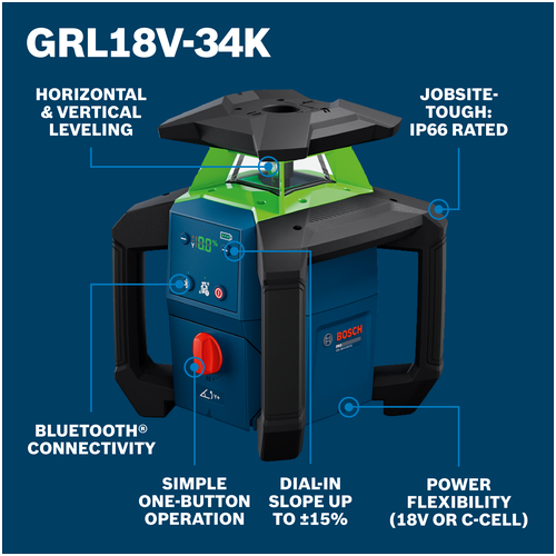 Bosch GRL18V-34K rotary laser featuring: horizontal/vertical leveling, IP66, Bluetooth, one-button, slope ±15%, 18V/C-cell.