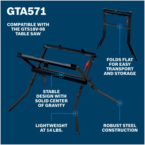 Walkaround Image of Bosch GTA571 Folding Table Saw Scissor Stand on a blue background.