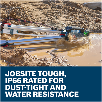 Bosch GRL18V-34K rotary laser on a tripod falling and splashing into muddy water. IP66 for dust-tight and water resistance.