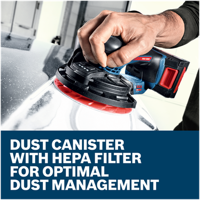 Features/Claims image of Bosch EXEX18V-150-5N 18V Random Orbit Sander.