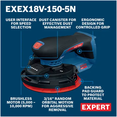 Walkaround Image of Bosch EXEX18V-150-5N 18V Random Orbit Sander on a blue background.