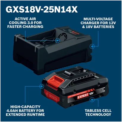Walkaround Image of Bosch GXS18V-25N14X 18V Starter Kit with Expert 18V High Power Battery and Multi-Voltage Fast Charger.