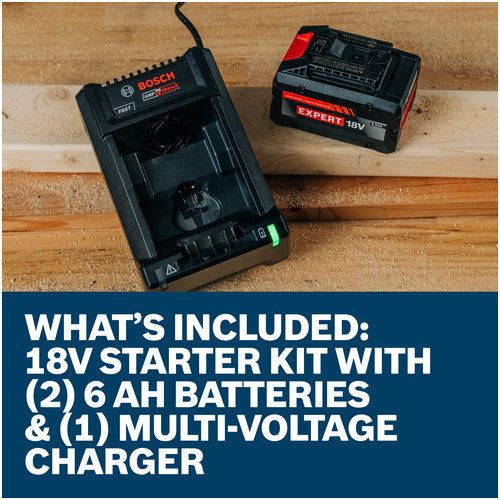 Features/Claims of Bosch GXS18V-26N26X 18V Starter Kit with two Expert 6 Ah and 12v/18v Multi-Voltage Charger.