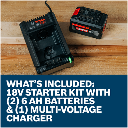 Features/Claims of Bosch GXS18V-26N26X 18V Starter Kit with two Expert 6 Ah and 12v/18v Multi-Voltage Charger.
