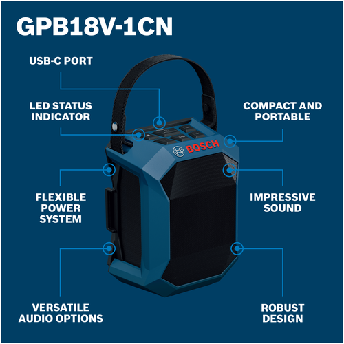 Walkaround Image of Bosch GPB18V-1CN 18V Jobsite Bluetooth® Speaker on a blue background.