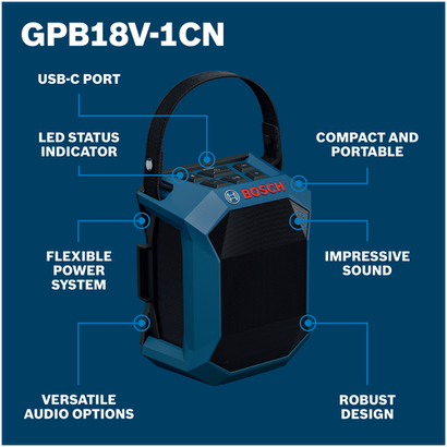 Walkaround Image of Bosch GPB18V-1CN 18V Jobsite Bluetooth® Speaker on a blue background.