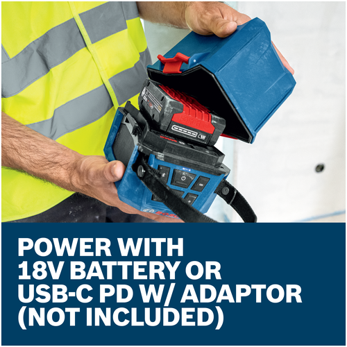 Features/Claims image of Bosch GPB18V-1CN 18V Jobsite Bluetooth® Speaker with application.