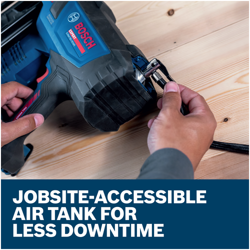Close-up of hands connecting an air hose to a Bosch EXNH18V-90MRN EXPERT Framing Nailer on a wooden surface.