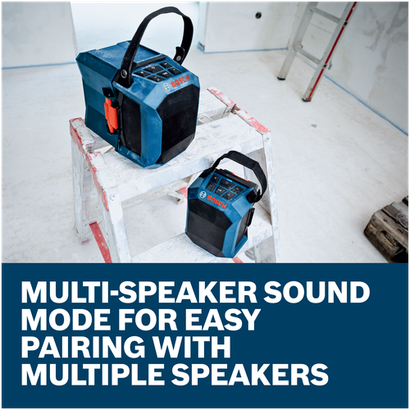 Features/Claims image of Bosch GPB18V-1CN 18V Jobsite Bluetooth® Speaker with application.
