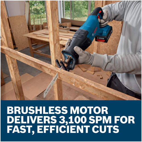 Features/Claims image of Bosch GSA18V-280N 18V Brushless Reciprocating Saw with application.