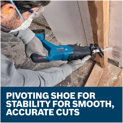 Features/Claims image of Bosch GSA18V-280N 18V Brushless Reciprocating Saw with application.