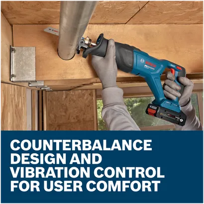 Features/Claims image of Bosch GSA18V-280N 18V Brushless Reciprocating Saw with application.