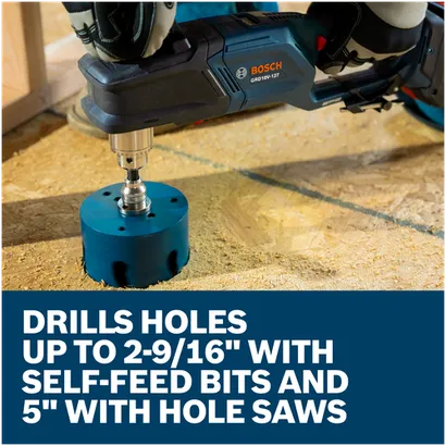 Features/Claims image of Bosch GRD18V-127B26X 18V High Torque Right Angle Drill ½ In. with application.