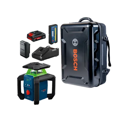 Image of kit from Bosch GRL18V-34P 18V Green-Beam Horizontal/Vertical Rotary Laser Kit with Backpack.