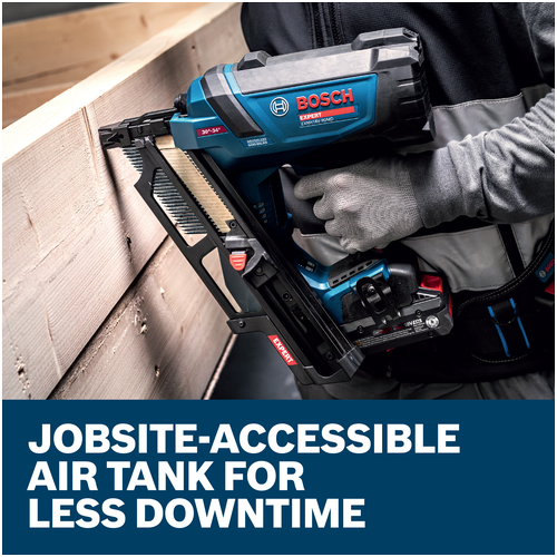 Features/Claims image of Bosch EXNH18V-90MDB14 EXPERT Framing Nailer Kit with application.