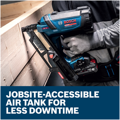 Features/Claims image of Bosch EXNH18V-90MDB14 EXPERT Framing Nailer Kit with application.