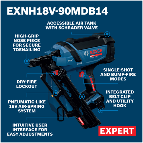 Walkaround Image of Bosch EXNH18V-90MDB14 EXPERT Framing Nailer Kit on a blue background.