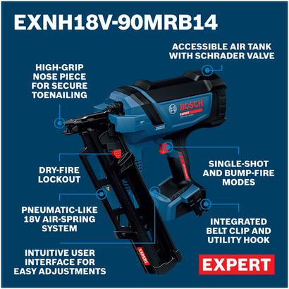 Bosch EXNH18V-90MRB14X EXPERT Framing Nailer Kit walkaround displaying an image with surrounding text on the features.