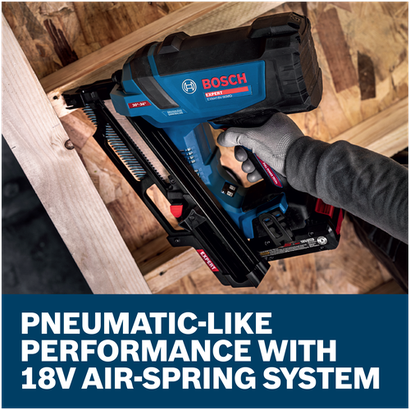 Features/Claims image of Bosch EXNH18V-90MDB14 EXPERT Framing Nailer Kit with application.