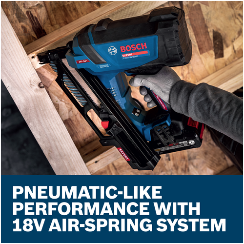 Features/Claims image of Bosch EXNH18V-90MDN 18V Brushless 30 Degree Framing Nailer with application.