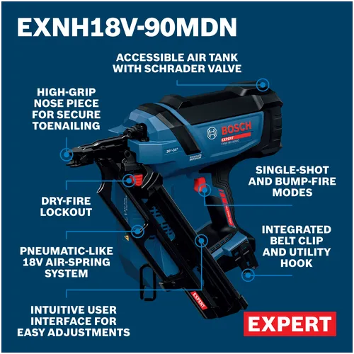 Walkaround Image of  Bosch EXNH18V-90MDN 18V Brushless 30 Degree Framing Nailer on a baretool view.