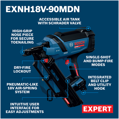 Walkaround Image of  Bosch EXNH18V-90MDN 18V Brushless 30 Degree Framing Nailer on a baretool view.