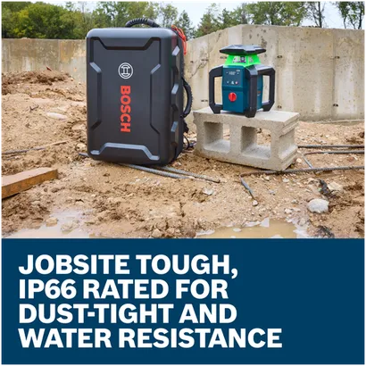 Bosch GRL18V-34P 18V Green-Beam Horizontal/Vertical Rotary Laser next to a hard rotary laser backpack on an exterior jobsite.