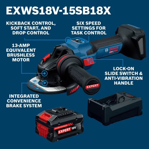 Walkaround Image of Bosch EXWS18V-15SB18X 18V EXPERT 5 – 6 In. Angle Grinder with Slide Switch Kit.