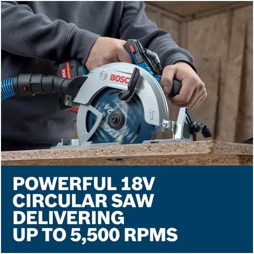 A worker using a Bosch GKS18V-68-2N 18V circular saw cutting particle board, with text stating it delivers up to 5,500 RPMs.