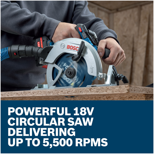 A worker using a Bosch GKS18V-68-2N 18V circular saw cutting particle board, with text stating it delivers up to 5,500 RPMs.
