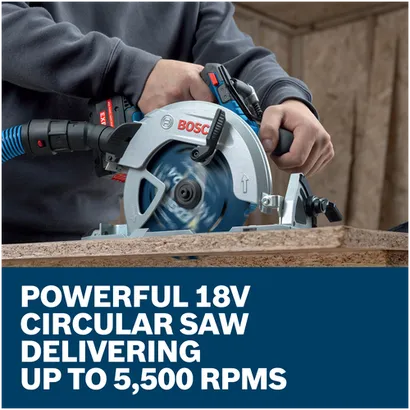 A worker using a Bosch GKS18V-68-2N 18V circular saw cutting particle board, with text stating it delivers up to 5,500 RPMs.