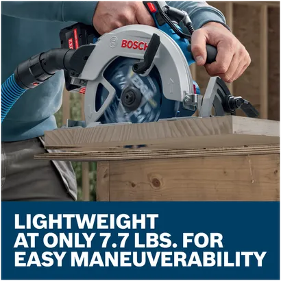 A worker using a Bosch GKS18V-68-2N 18V circular saw to cut a wooden board, stating it is lightweight at only 7.7 lbs.
