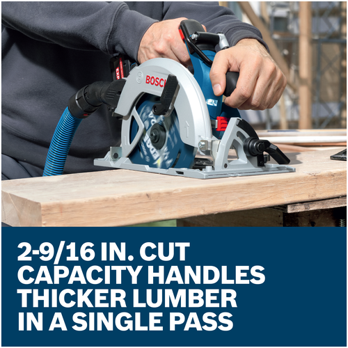 A worker using a Bosch GKS18V-68-2N 18V circular saw to cut through thick lumber with 2-9/16 In. cut capacity.