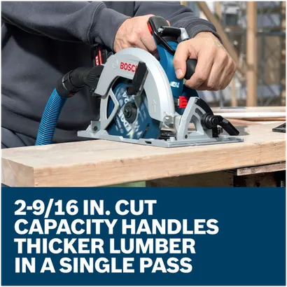 A worker using a Bosch GKS18V-68-2N 18V circular saw to cut through thick lumber with 2-9/16 In. cut capacity.